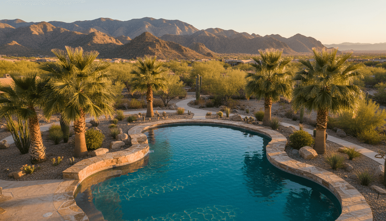 Luxury desert pool with PebbleTech finish and mountain views
